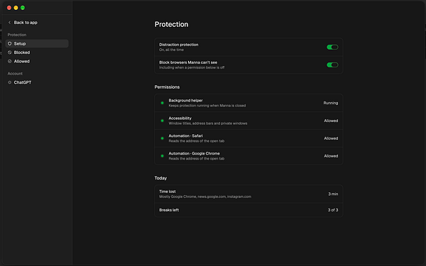 Dark mode app settings page titled 'Protection' showing distraction protection toggles, permissions status, and today's usage stats.