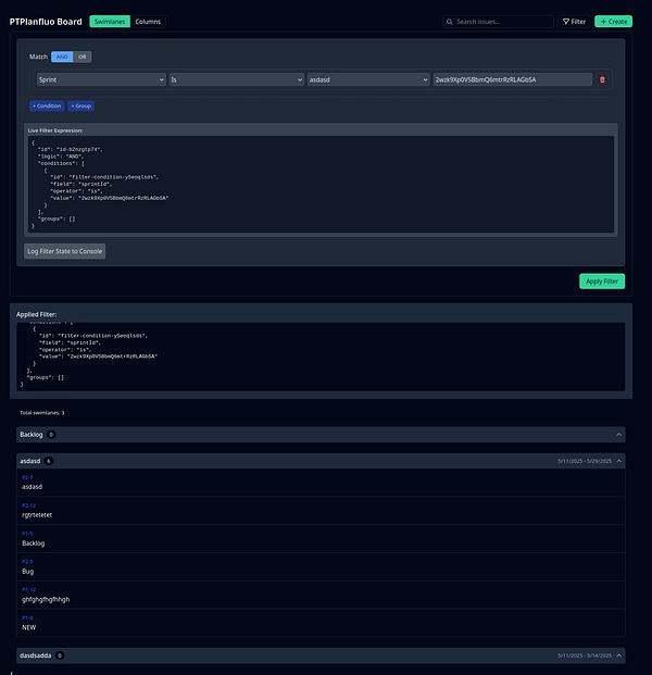 The image displays a user interface for a task management tool featuring a filter builder component.