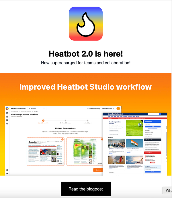 The image promotes the announcement of Heatbot 2.0, highlighting its new features and improved workflow.