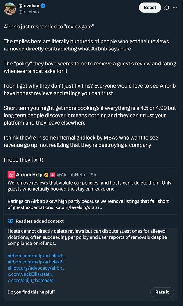 A Twitter thread by @levelsio criticizing Airbnb's review removal policy and a response from Airbnb Help.