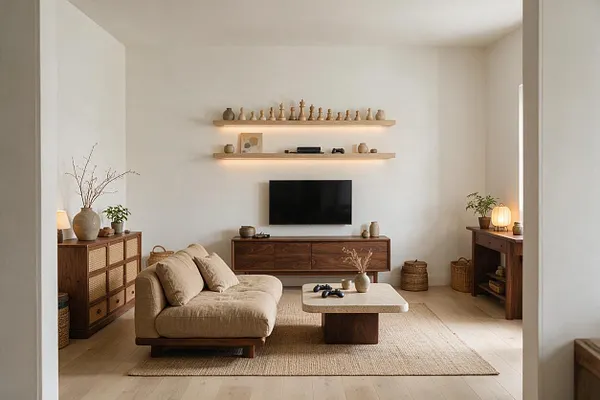A calm Japandi-style game room with a low beige sofa, a stone-topped coffee table, and a wall-mounted TV centered above a walnut media console. Floating shelves display neutral decor and game pieces, while woven baskets, cane-front storage, soft lighting, and pale wood floors create a warm, minimal atmosphere.