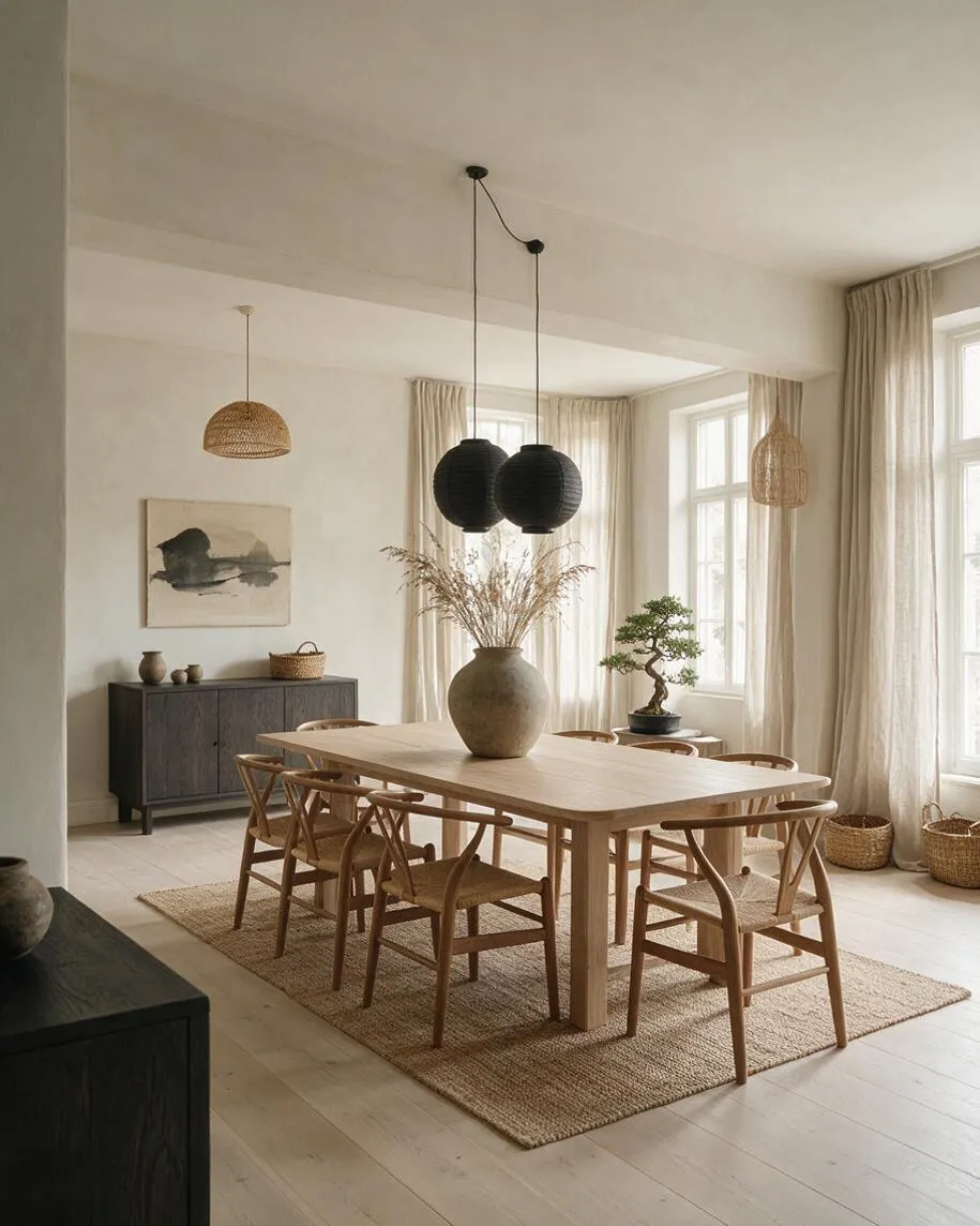 A serene Japandi dining room with a light wood rectangular table, curved wooden chairs, and a neutral woven rug. Black paper lantern pendants hang above the table, while soft beige curtains, pale walls, and natural woven accents create a calm, airy atmosphere.