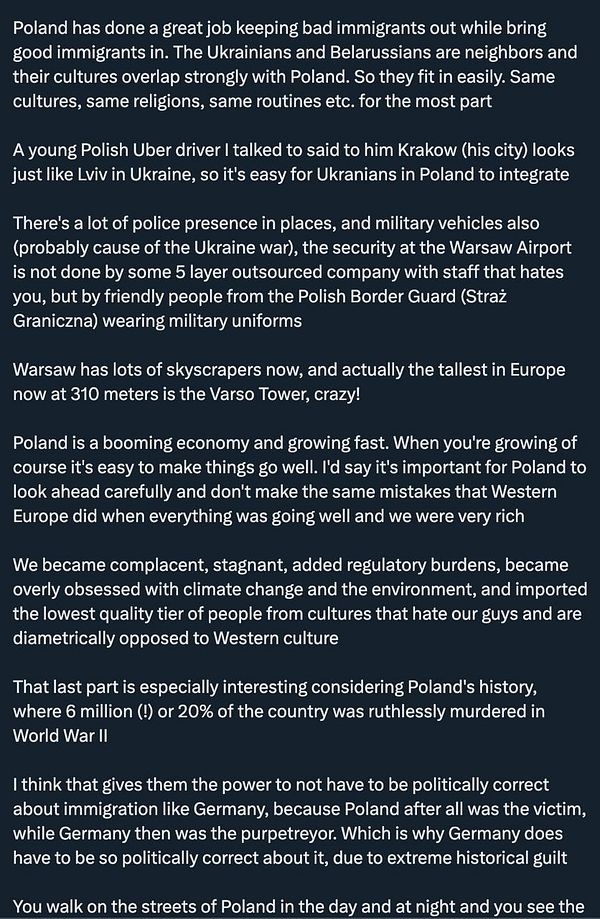 Text-based image containing a detailed commentary on Poland's immigration, security, economy, and historical context.