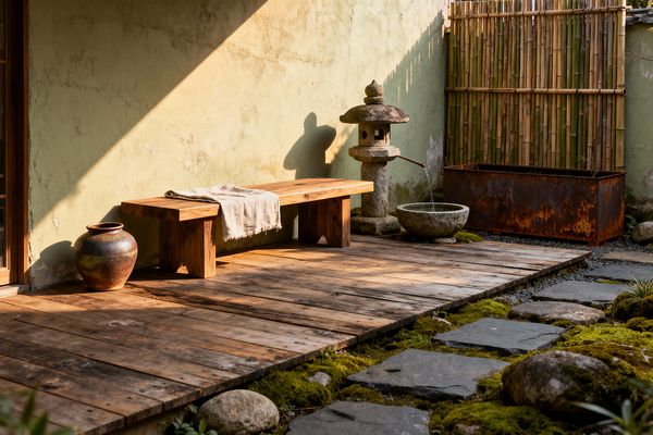 A compact outdoor patio with weathered wood decking and a thick solid-wood bench topped with a light linen throw. To the right, a carved stone lantern pours water into a round stone basin beside a rusted steel planter and a vertical bamboo screen. A pale, limewashed wall with visible patina catches warm afternoon light. In the foreground, moss surrounds dark stepping stones and river rocks for a calm, natural setting.