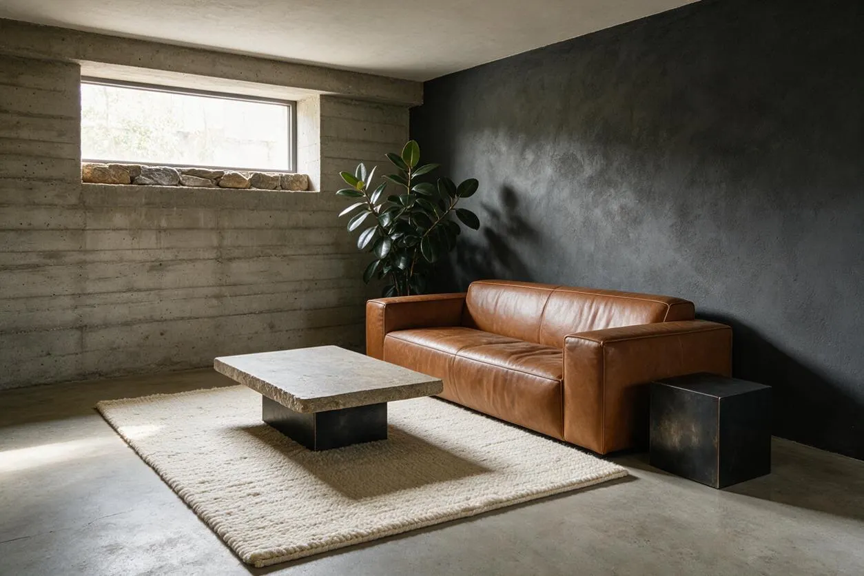 A compact studio apartment living area with exposed concrete walls, a dark charcoal accent wall, and a low horizontal window set into the concrete. A cognac leather sofa sits beside a black side table, anchored by a thick cream rug and a blocky stone coffee table. A tall leafy plant softens the otherwise raw, minimalist Brutalist interior.