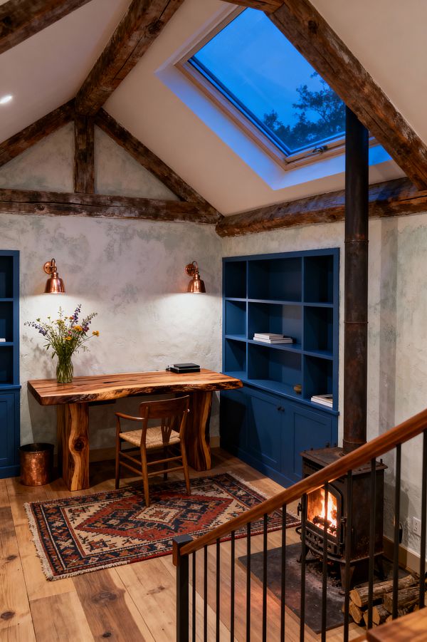 A cozy home office features exposed timber beams and a skylight above limewashed plaster walls. Deep blue built-in shelves frame a live-edge wood desk with a simple wooden chair, while two copper sconces light the work surface. A patterned kilim rug lies on wide-plank wood flooring, and a cast-iron wood stove with stacked logs warms the space beside a black metal stair railing.