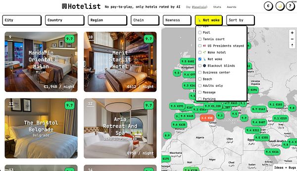 A screenshot of the Hotel List app showing a filter popup to select hotel categories including Woke, Not Woke, and All.
