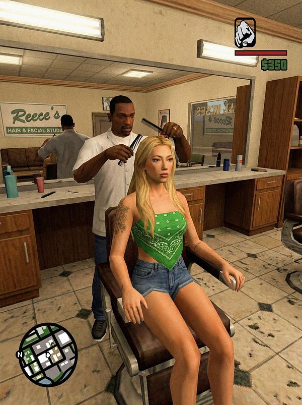A character in a barbershop setting is getting a haircut in a video game.