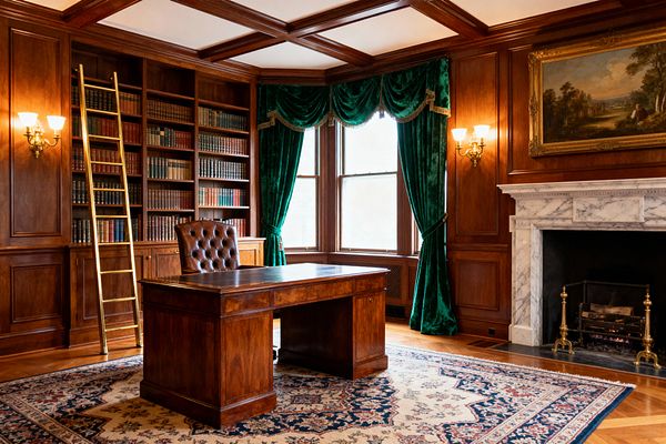 A Victorian-style home office with floor-to-ceiling wood paneling and built-in bookcases includes a rolling brass library ladder, a polished dark-wood desk, and a tufted brown leather chair on a patterned wool rug. Bay windows are dressed in emerald velvet drapes, and a white-and-gray marble fireplace with brass andirons and twin wall sconces casts warm light across the richly stained woodwork.