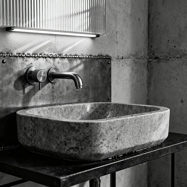 Close-up of an industrial bathroom sink area featuring a shallow, rectangular gray stone vessel sitting on a blackened steel console, with water droplets on the basin and counter. Above, a brushed steel wall-mounted spout and knurled control are set into a riveted metal backsplash against raw concrete panels, while a fluted glass wall light with a slim LED casts soft illumination across the textured surfaces.