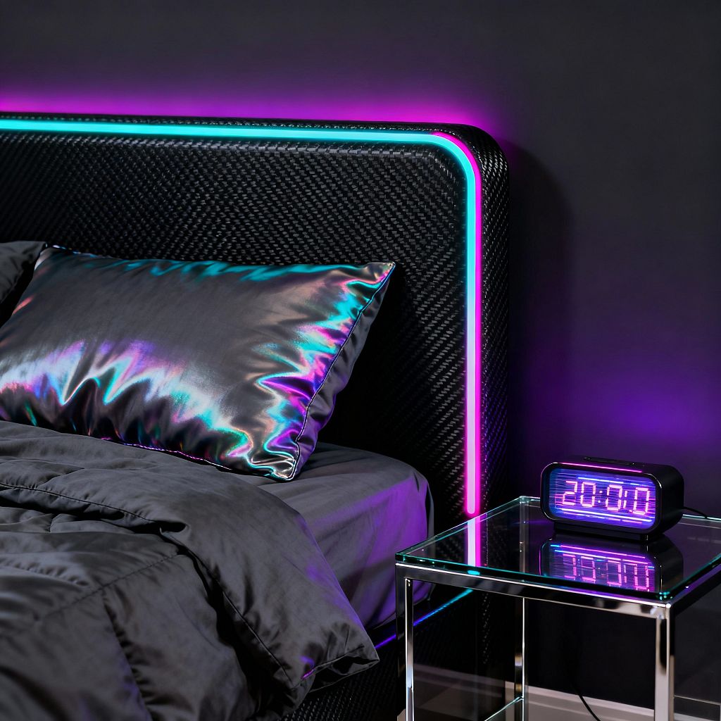 A close-up of a cyberpunk-inspired bedroom shows a black carbon-fiber textured headboard edged with cyan and magenta LED strips that cast a purple glow on a dark wall. The bed is dressed in matte black bedding and a shiny, iridescent pillow that reflects teal and pink. Beside the bed sits a glass nightstand with a chrome frame, holding a digital alarm clock with violet numerals reading 20:00; cables are visible beneath.