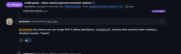 Screenshot of a GitHub Pull Request page for merging a branch named usage_credits with details, commits, and file changes shown.