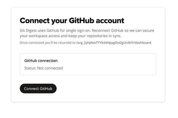 A user interface prompt for connecting a GitHub account to Git Digest.