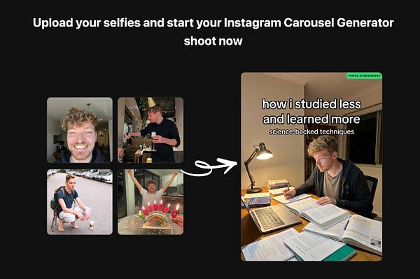The image features a collage of selfies and a generated Instagram carousel preview promoting study techniques.