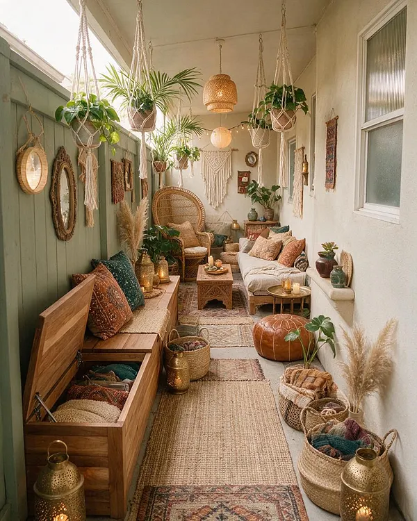 A narrow backyard patio styled as a bohemian lounge with hanging macramé planters, woven lanterns, rattan seating, a wooden storage bench, layered rugs, and many cushions in earthy tones. The space mixes sage green fencing, cream walls, hanging plants, and soft lantern light for a cozy, relaxed atmosphere.