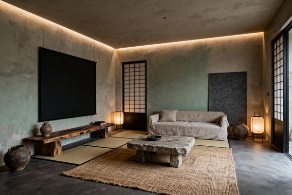Minimal Wabi-Sabi media room featuring a black projection screen above a low reclaimed-wood bench, opposite a linen slipcovered sofa and a rough stone coffee table on a jute rug layered over tatami mats. Mottled sage lime-wash walls, warm perimeter cove lighting, shoji screens, paper lantern floor lamps, ceramic jars, and a concrete floor create a serene, timeworn atmosphere.