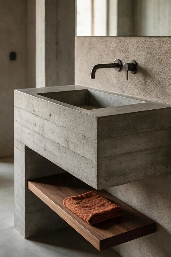 A Brutalist bathroom vanity made from raw concrete with a rectangular integrated sink and a matte black wall-mounted faucet. Beneath the basin, a floating walnut shelf holds a folded rust-colored towel, set against a textured neutral wall.