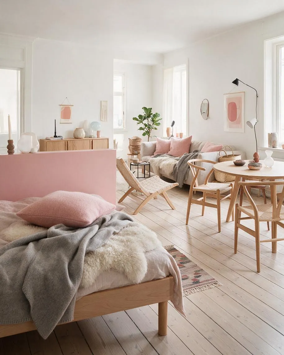 A bright Scandinavian studio apartment with white walls and pale wood floors, featuring a bed in the foreground, a small dining area with bentwood chairs, and a sofa dressed in blush and gray textiles. Natural materials, pastel pink accents, and minimal wall art create a calm, airy atmosphere.