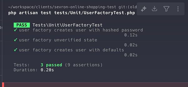 The image displays the output of a successful unit test run in a Laravel application.