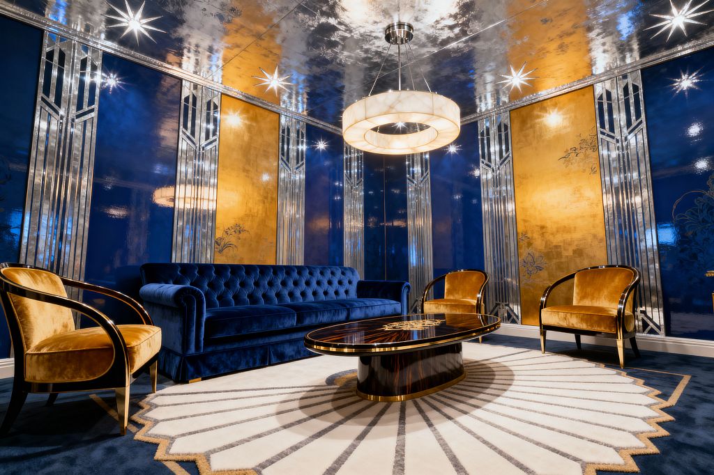 A glamorous living room showcases cobalt blue lacquered walls with large gold-leaf panels framed by mirrored Art Deco pilasters. A tufted navy velvet sofa faces an oval high-gloss dark wood coffee table with brass banding on a cream fan-pattern rug over blue carpet, flanked by two curved club chairs in golden velvet. Above, a reflective silver-toned ceiling highlights starburst lights and a circular white glass ring chandelier for a brilliant, Hollywood Regency glow.