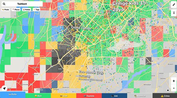 Colored map of Tashkent divided into multiple zones based on social groupings and activities with labels and color-coded legend.