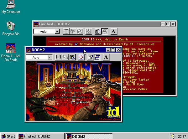 The image displays a retro computer desktop featuring the game Doom II and its interface.