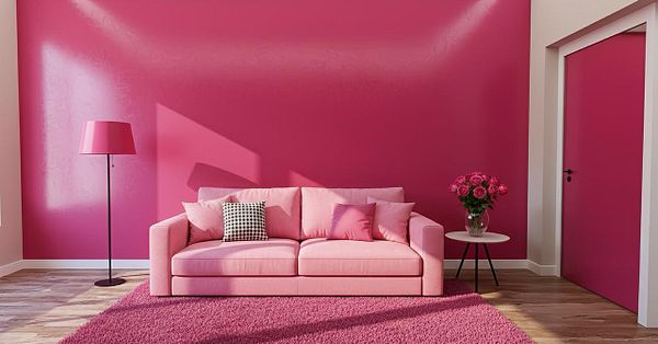 A vibrant pink-themed living room featuring a pink sofa, lamp, and decor.