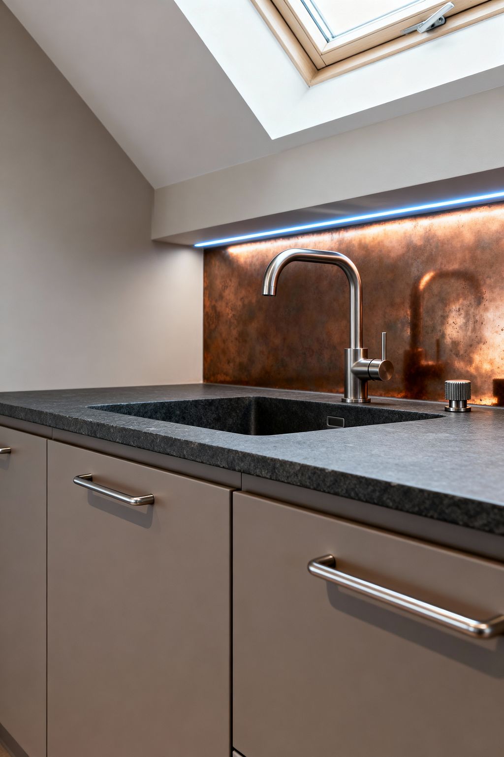 Close-up of a modern kitchen sink beneath a skylight, featuring a honed dark gray granite countertop with integrated basin, a brushed stainless gooseneck faucet, and matte taupe flat-panel cabinets with bar pulls. A patinated copper sheet backsplash glows under a slim, cool-toned LED strip set beneath a shallow shelf, while the sloped white ceiling and light wood-framed skylight bring natural light to the compact, minimalist workspace. The overall palette balances warm metal with neutral cabinetry for a clean, contemporary look.
