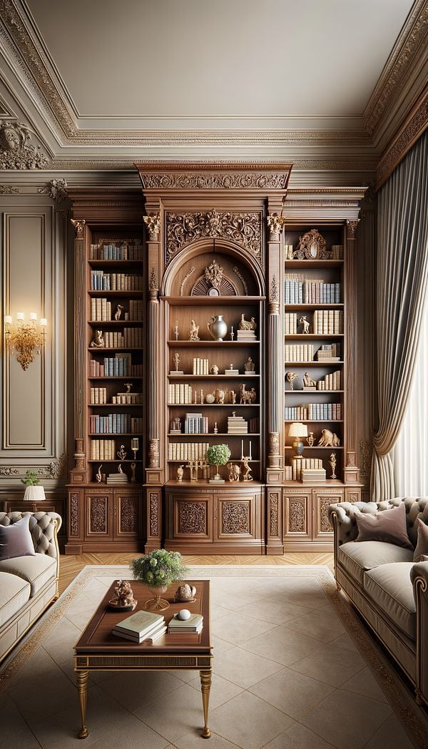 An ornate, wooden break front bookcase, featuring a central section that protrudes beyond the flanking sections, filled with books and decorative items, set in an elegantly designed interior.