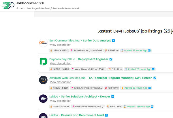 A job board interface displaying recent job listings.