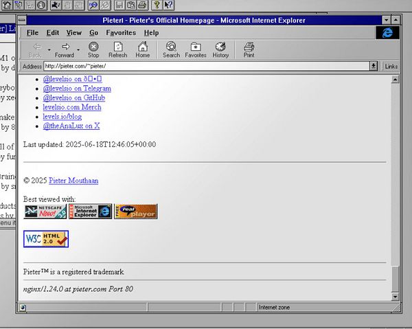 The image displays a vintage webpage layout from Microsoft Internet Explorer featuring links and information related to Pieter's official homepage.