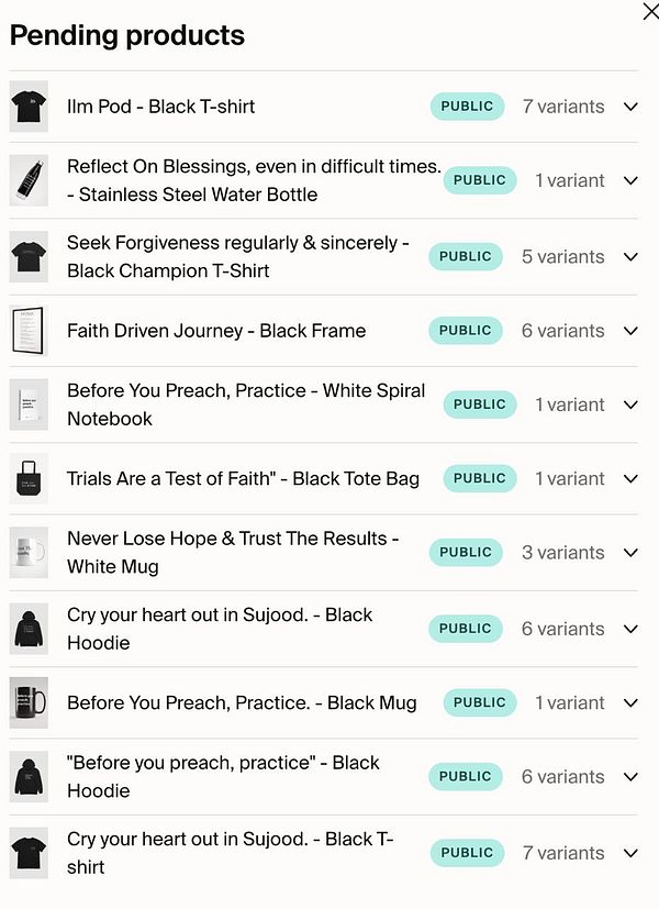 A list of pending products for an online store featuring various items.