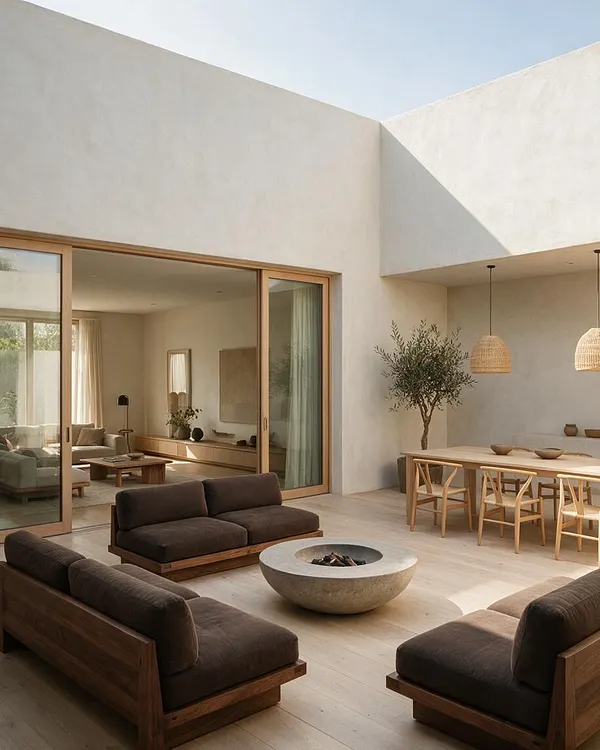 A minimalist Japandi patio with pale stucco walls, a light wood dining area, and deep brown cushioned seating arranged around a round stone fire bowl. Large sliding glass doors connect the patio to a calm interior lounge, while woven pendant lights and an olive tree add warmth and natural texture.