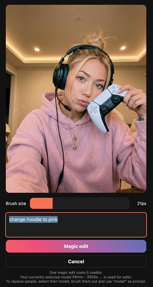Screenshot of an image editing interface showing a magic edit feature with old prompt auto-selected for easy updates.