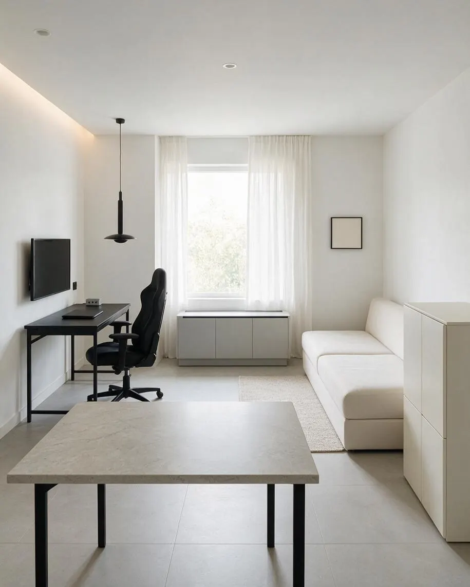 A bright minimalist game room with white walls, a large central window dressed in sheer curtains, a black desk setup with a wall-mounted monitor on the left, and a low white sofa on the right. A light stone coffee table with black legs sits in the foreground, while a slim pendant light and simple cabinetry reinforce the clean, uncluttered look.