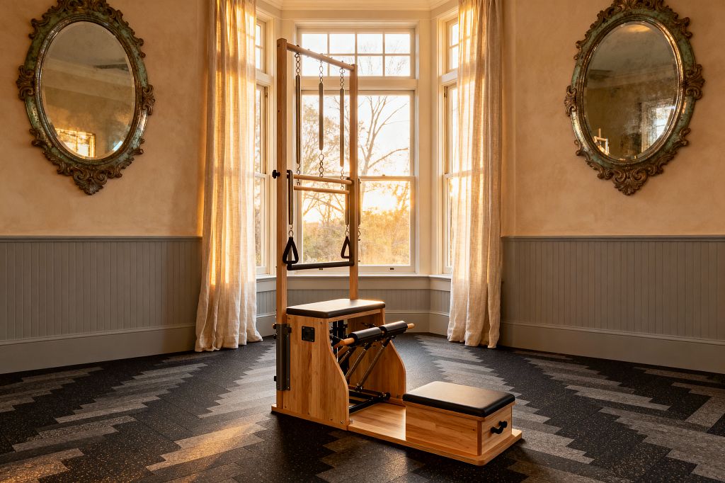 A sunlit home gym centers on a wooden Pilates chair with tower, placed in a curved bay window framed by tall mullioned panes. Sheer linen curtains filter golden light across gray beadboard wainscoting and warm plaster walls. Two ornate, patinated mirrors flank the nook. The floor is black and charcoal rubber tile laid in a chevron pattern, grounding the natural oak equipment with black pads and metal springs.