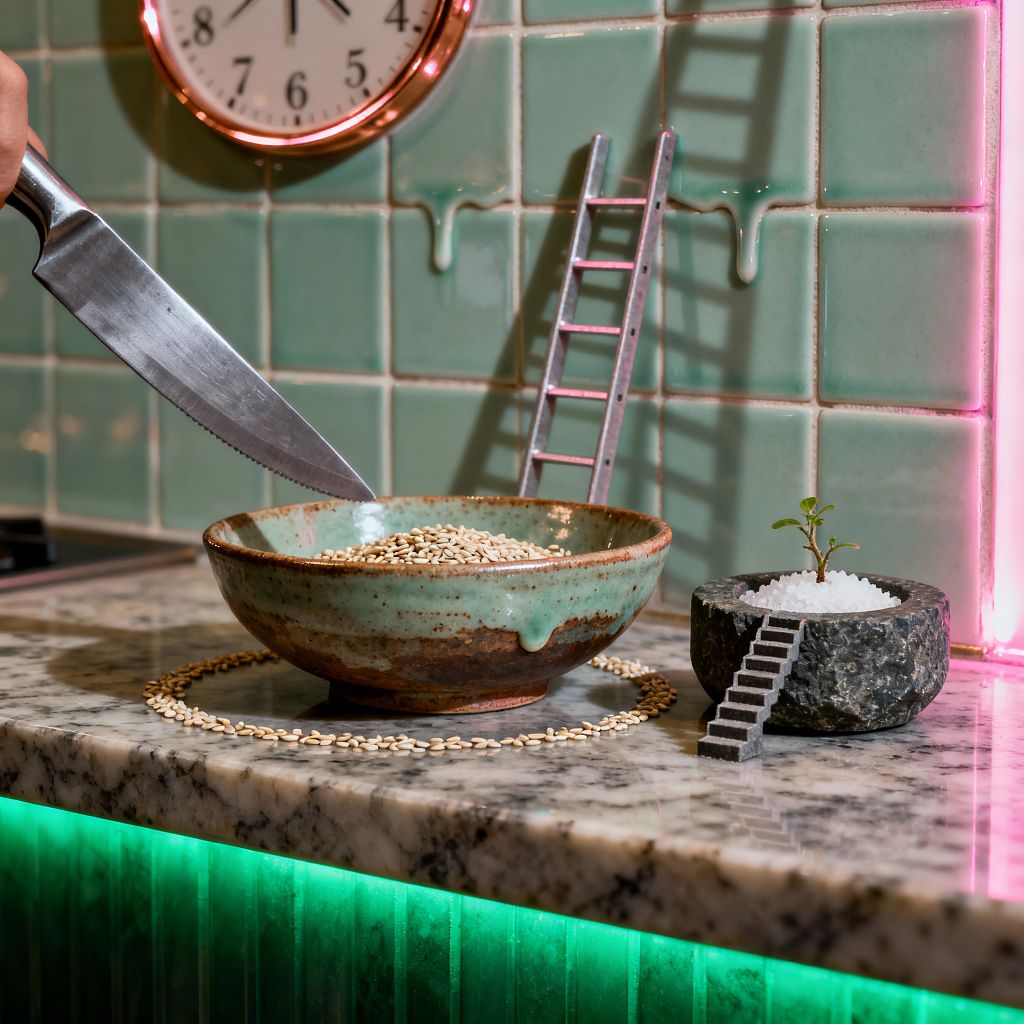 A surreal kitchen vignette shows a speckled granite countertop rimmed with green LED light. A rustic green-brown stoneware bowl holds grains arranged in a ring, while a dark carved stone mortar filled with coarse salt supports a tiny seedling and miniature staircase. Two small ladders lean against glossy mint square tiles with melting-like drips. A copper-framed wall clock hangs above, a neon pink strip lights the backsplash edge, and a serrated kitchen knife enters from the left.