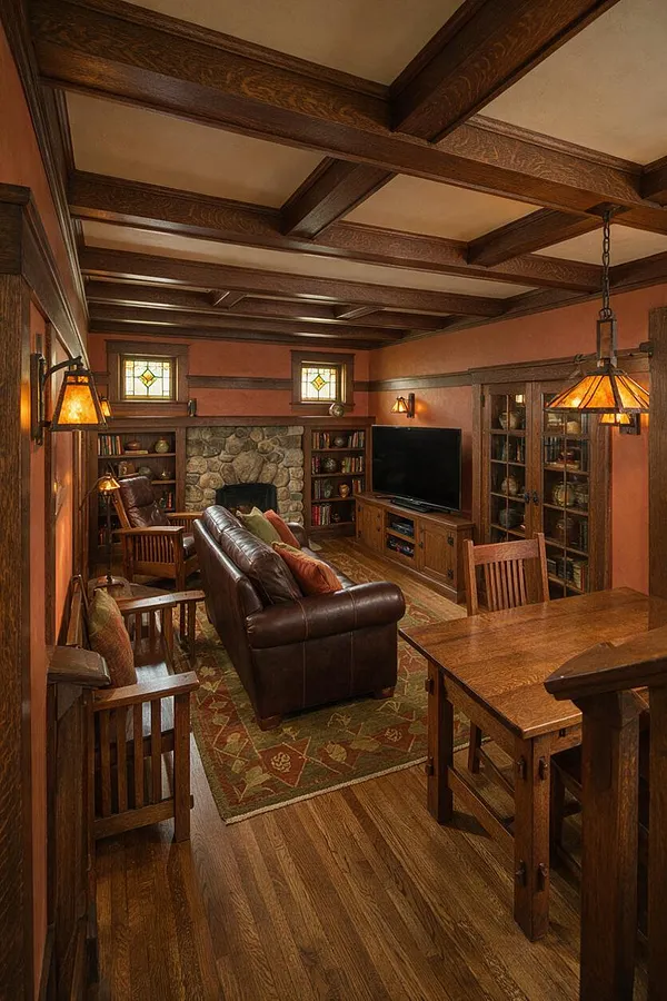 A Craftsman-style media room with exposed dark wood ceiling beams, terracotta walls, and a stone fireplace centered between built-in bookcases. Leather seating faces a flat-screen TV on a wooden cabinet, while stained glass windows, mission-style pendant lights, and a patterned area rug add warmth and character.