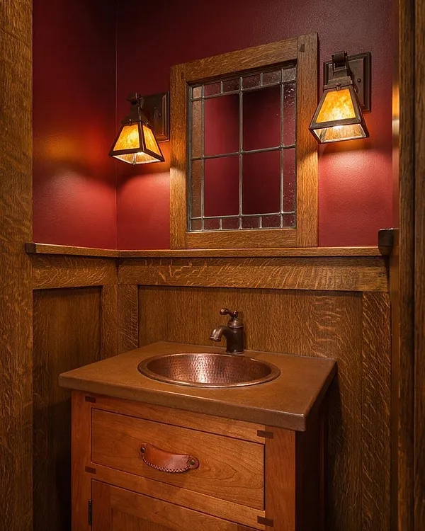 A compact Craftsman-style powder room with deep red walls, rich wood wainscoting, and a framed leaded-glass mirror centered above a copper sink. Matching lantern sconces cast a warm amber glow over the rustic wood vanity and dark bronze faucet.