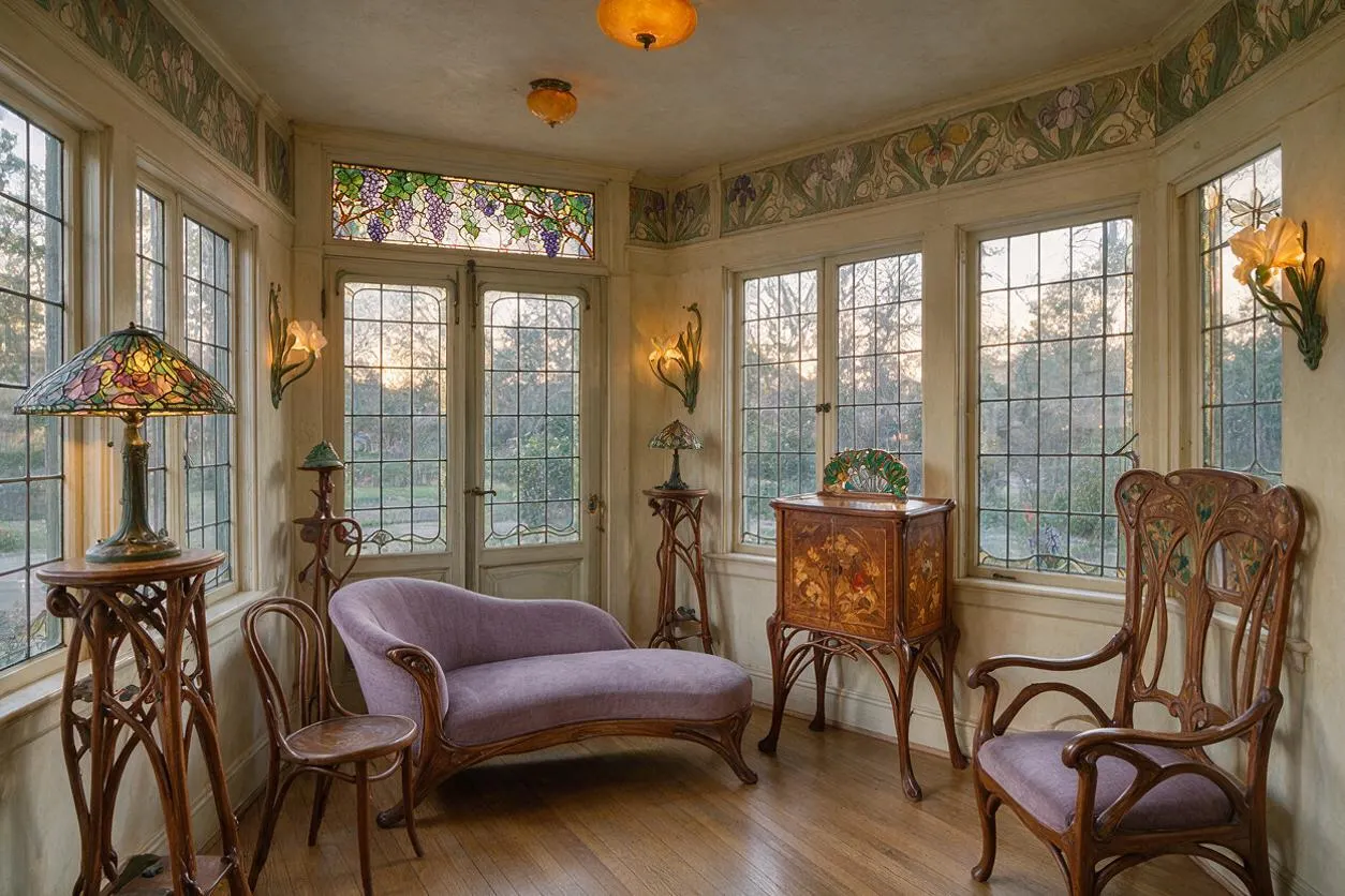 A sunroom-style front porch with tall leaded windows, a stained glass transom, and Art Nouveau furniture in carved wood. The space includes a lavender settee, matching upholstered chair, decorative tables, floral wall sconces, and warm amber glass ceiling lights.