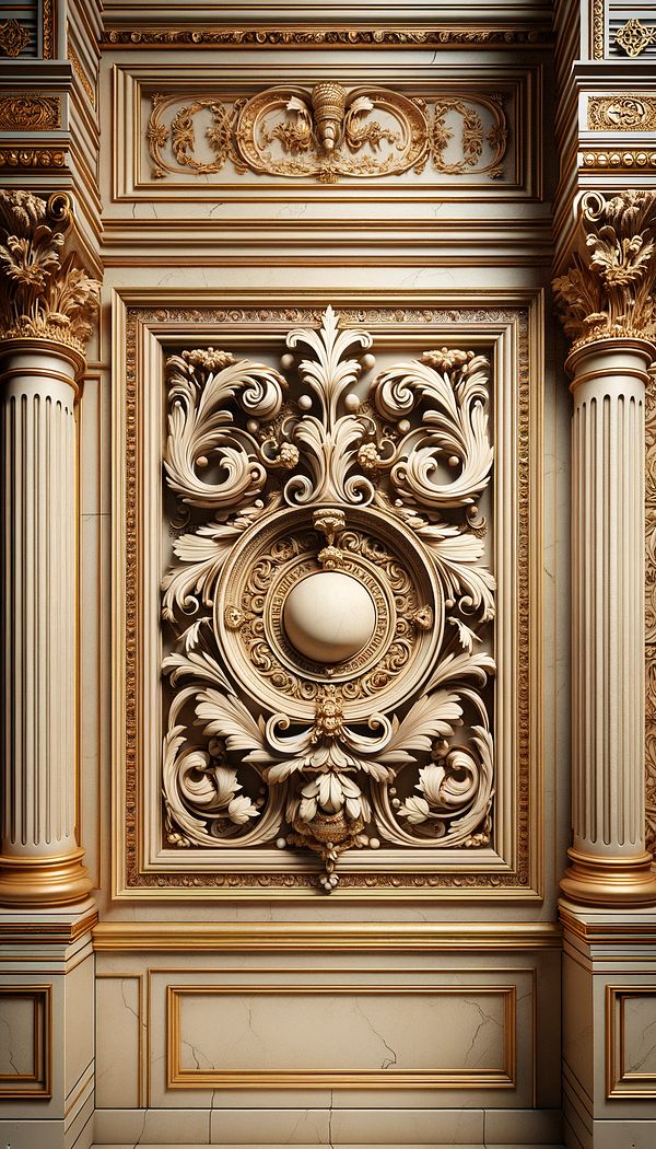 An elaborately carved cartouche framing a classical architectural element, such as a doorway or a window, in a richly detailed interior setting.