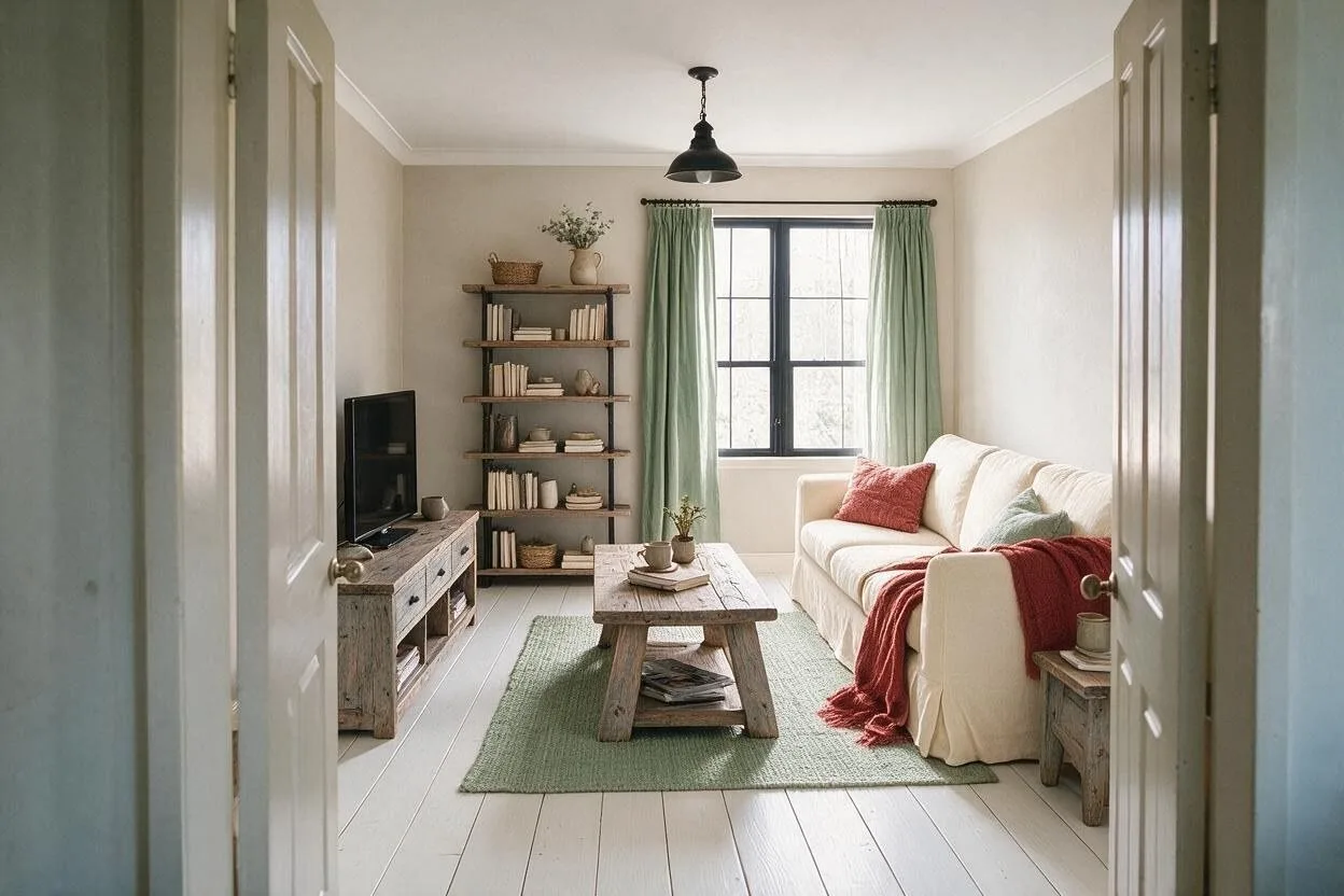 The same Farmhouse living room in the Barn and Sage palette: greige, cream, weathered wood, sage, and barn red