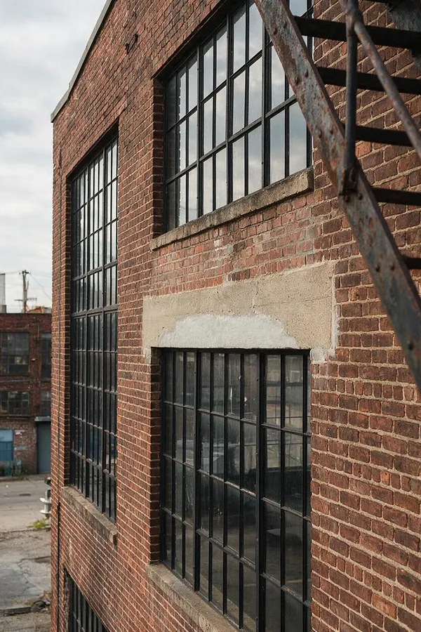 A weathered industrial brick building facade with large black steel-framed factory windows and concrete lintels. A rusty metal fire escape cuts across the right side, adding to the raw, urban character.