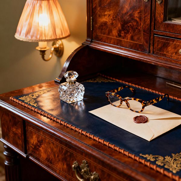 Close-up of a traditional home office secretary desk in burled wood with brass hardware and a navy leather writing surface trimmed with gold tooling. On the desk are a faceted crystal inkwell, a cream envelope sealed with red wax, and tortoiseshell reading glasses, while a brass wall sconce with a pleated fabric shade casts warm light across the glossy veneer and carved detailing.