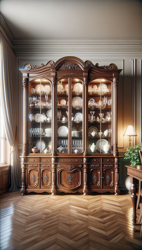 a beautiful china cabinet displaying fine china, glassware, and collectibles, with wooden frames and glass doors, set in a well-lit dining room
