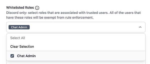 The image displays a user interface for selecting whitelisted roles in a Discord moderation context.