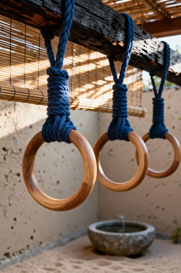 Close-up of three wooden gymnastics rings suspended from a weathered, charcoal timber beam with thick indigo rope knots. Behind them, roll-up bamboo shades filter sunlight onto a textured off-white plaster wall, while a shallow granite water basin sits on raked sand below, creating a serene Japanese-inspired exercise nook in natural wood, deep blue, beige, and stone gray tones.