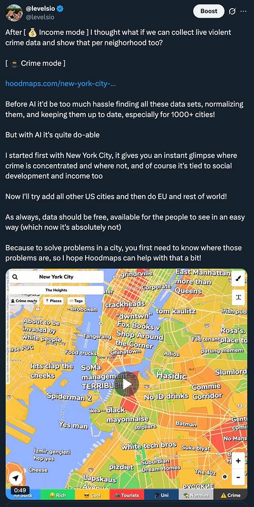 Map highlighting crime incidents in a neighborhood with a sidebar containing search, filters, and tool options.