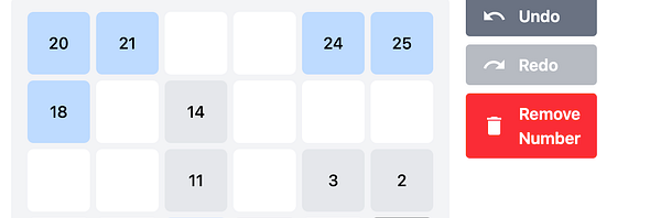 A user interface displaying a grid of numbers with options to undo, redo, and remove a number.