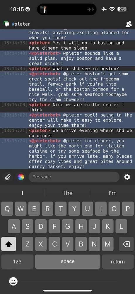 A chat conversation discussing dinner tips in Boston.